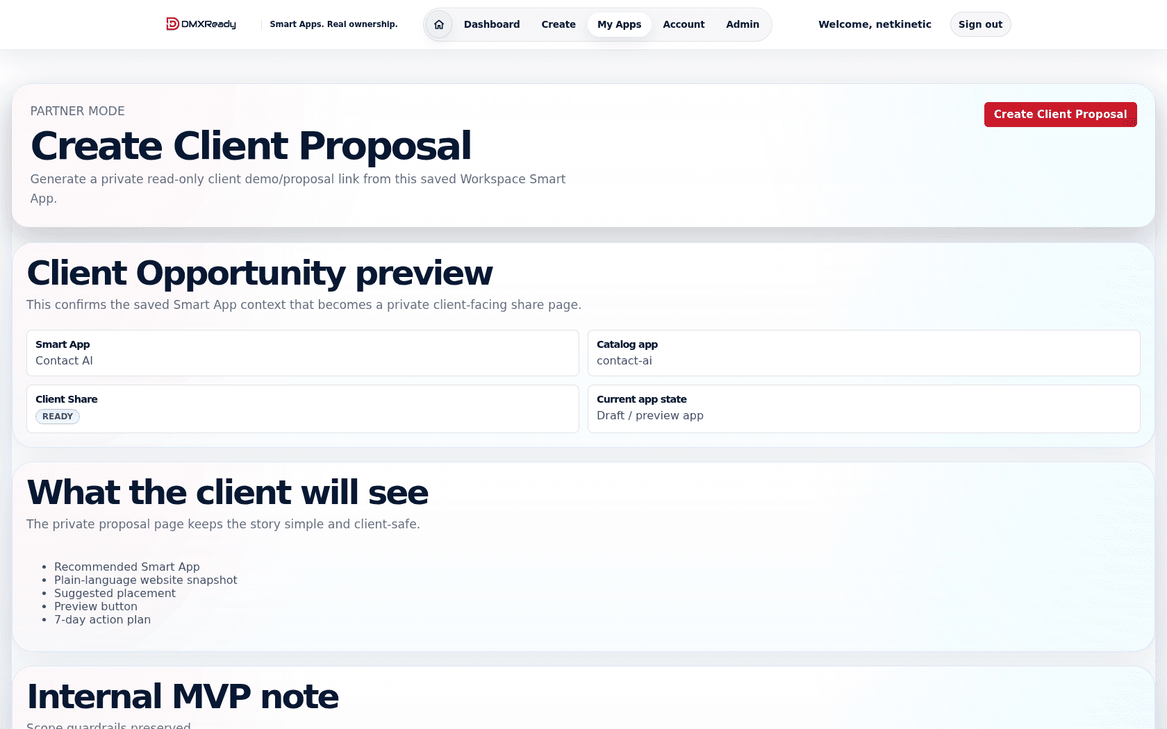 DMXReady Client Share proposal product screenshot